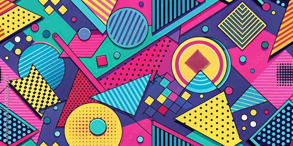 Poster A dynamic interplay of vibrant geometric shapes and patterns, featuring circles, squares, triangles, and stripes in a dazzling array of colors.