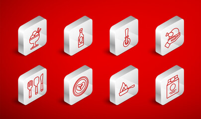 Set line Online ordering and delivery, Wine bottle, Pizza knife, Roasted turkey chicken, Frying pan, Ice cream bowl, Steak meat on plate and Fork, spoon icon. Vector