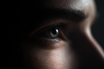 close-up of mysterious eye with subtle lighting and shadows