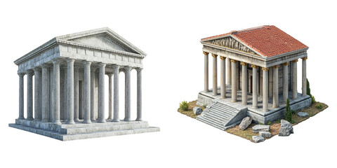 Greek temples in classical column style isolated on white PNG image perfect for architectural education or cultural designs