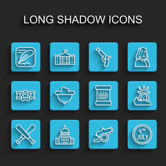 Set line Crossed baseball bat, White House, Declaration of independence, Cannon, Calendar with date July 4, Western cowboy hat, Statue Liberty and icon. Vector