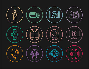 Set line Photo camera for diver, Scallop sea shell, Aqualung, Diving watch, Wetsuit scuba diving, Life jacket and Flashlight icon. Vector