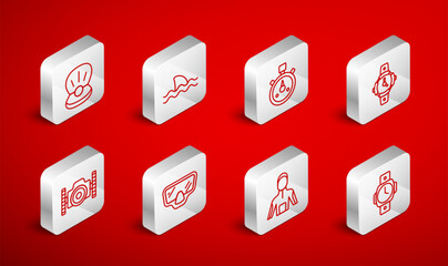 Set line Diving watch, Shark, Stopwatch, Wetsuit for scuba diving, Pearl, mask and Photo camera diver icon. Vector