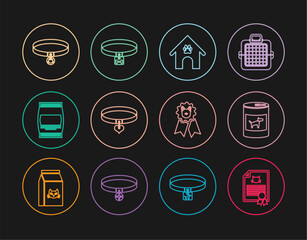 Set line Certificate for dog or cat, Canned food, Dog house and paw print pet, Collar heart, Bag of, Cat collar, award symbol and icon. Vector