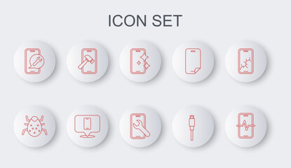 Set line Phone repair service, System bug, Glass screen protector, USB cable cord, Mobile, with broken, and icon. Vector