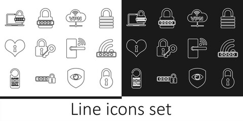 Set line Lock, Wifi locked, VPN Network cloud connection, and key, Heart with keyhole, Laptop password, Digital door wireless and Password protection icon. Vector