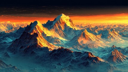 Majestic mountain range bathed in golden sunset light.  Vast snowy peaks and dramatic cloudscape