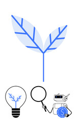 Futuristic leaf with technological patterns, magnifying glass, robot holding coin, and lightbulb concept. Ideal for eco-tech, innovation, AI efficiency, green energy, research sustainability