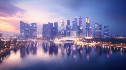 Fototapeta premium Stunning cityscape skyline at dawn, reflecting in calm waters. Modern skyscrapers, soft pastel colors, vibrant city lights