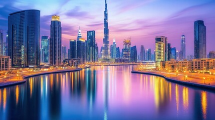 Obraz premium Sunrise cityscape reflecting on water. Modern high-rise buildings lining a canal