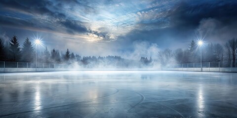 Large empty ice rink with smoke and fog in the background , frozen landscape, snow-covered surface