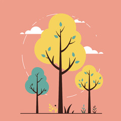 A collection of various tree icons in flat style with vibrant colors, ideal for design purposes. Features diverse shapes and charming simplicity, suitable for environmental graphics and nature-themed 