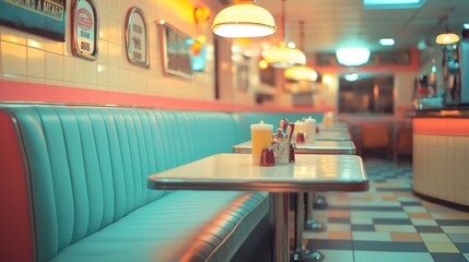 Empty diner interior, retro style, soft lighting, vibrant colors.