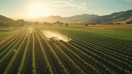 A sunlit agricultural field with rows of crops being irrigated by a machine