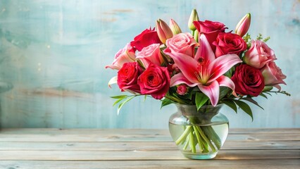 Delicate Pink Roses and Red Lilies Arrangement in a Vase , elegant bouquet