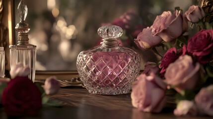 Ornate perfume bottle amidst a bouquet of roses.