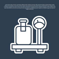Fototapeta premium Blue line Scale with suitcase icon isolated on blue background. Logistic and delivery. Weight of delivery package on a scale. Vector
