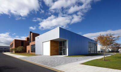 Modern industrial building complex exterior on a sunny day, ideal for commercial or industrial use