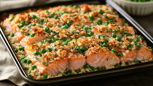 Baked salmon fillet topped with fresh herbs green peas and crunchy breadcrumb crust in a baking tray close-up view