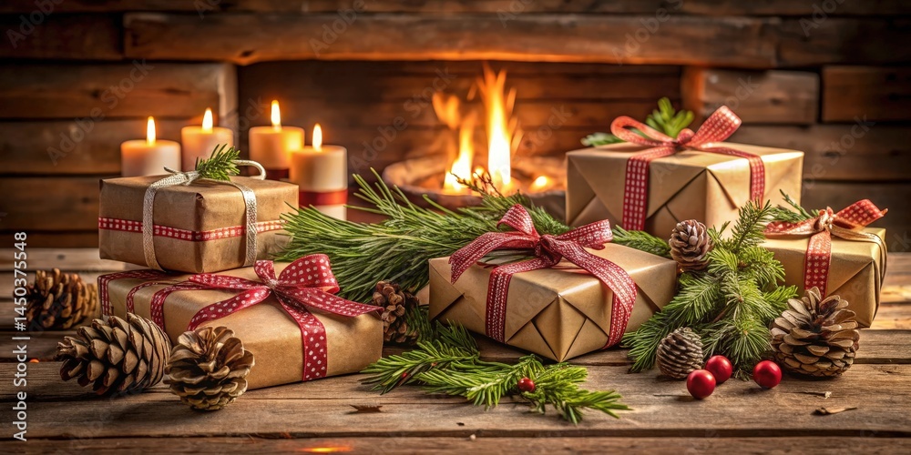 Poster a cozy fireplace setting with wrapped presents adorned with red ribbon and pine branches, creating a