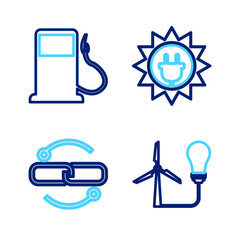 Set line Light bulb with wind turbine, Chain link line, Solar energy panel and Petrol or Gas station icon. Vector