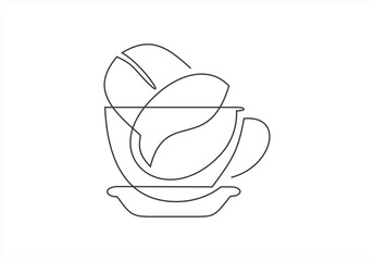 Coffee cup with coffee beans continuous one line drawing, Single line art, Linear style, Editable stroke, isolated on a transparent background