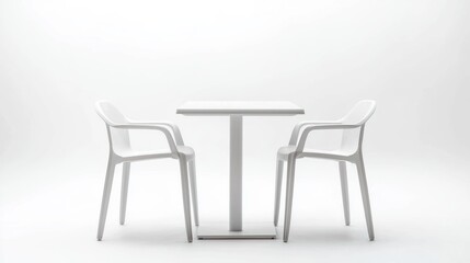 Modern square table with two white plastic chairs on white background.