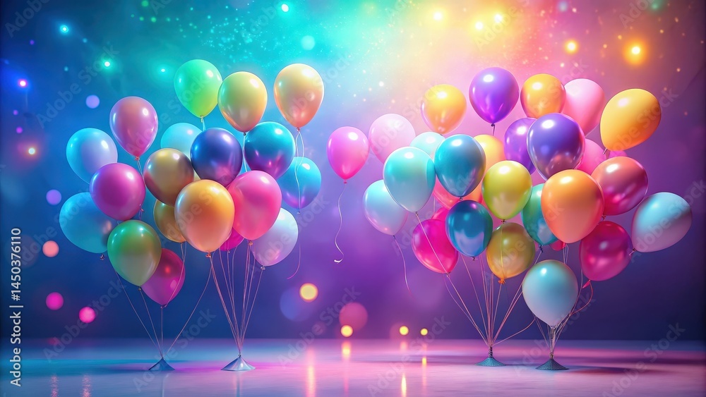 Poster a cluster of vibrant balloons arranged in a festive composition, reflecting the warm glow of surroun