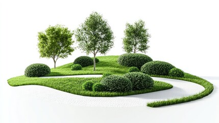 Modern urban park with neatly trimmed grass, decorative trees, and bushes on white