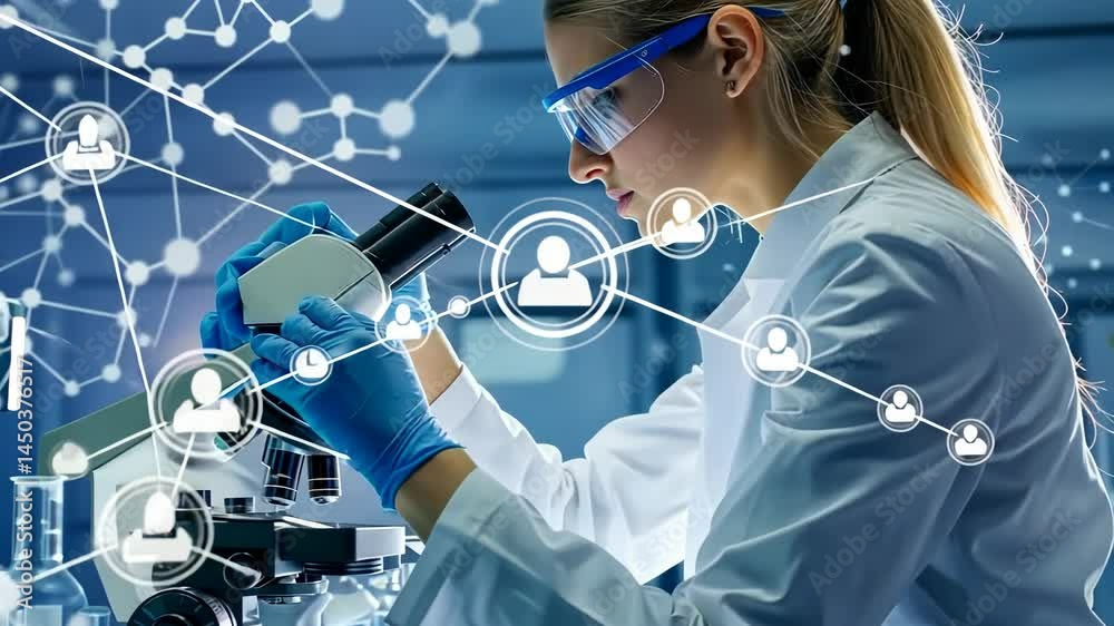 Aufkleber A scientist in a lab coat and protective eyewear is intently focused on a sample under a microscope, surrounded by glassware in a bright, modern laboratory with a complex molecule network