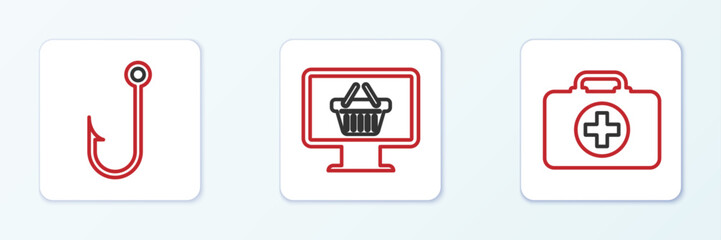 Set line First aid kit, Fishing hook and Monitor with shopping basket icon. Vector