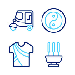Set line Incense sticks, Indian man dress, Yin Yang and Taxi tuk tuk icon. Vector