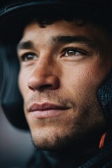 Obraz premium close-up portrait of athlete engaged in extreme sport helmet-clad focused expression