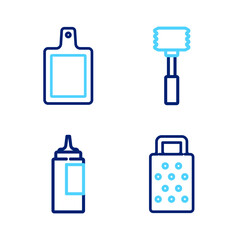Set line Grater, Sauce bottle, Kitchen hammer and Cutting board icon. Vector