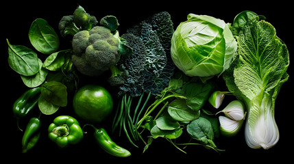 Fresh green vegetables including broccoli and bell peppers on dark background