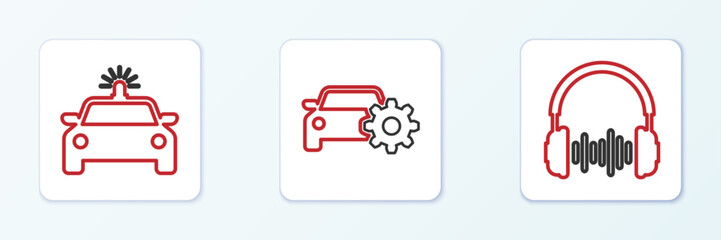 Set line Headphone and sound waves, Police car flasher and Car service icon. Vector
