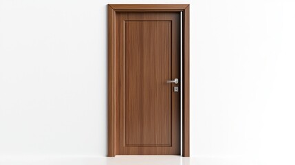 Modern walnut door with sleek silver handle, slightly open on white background.