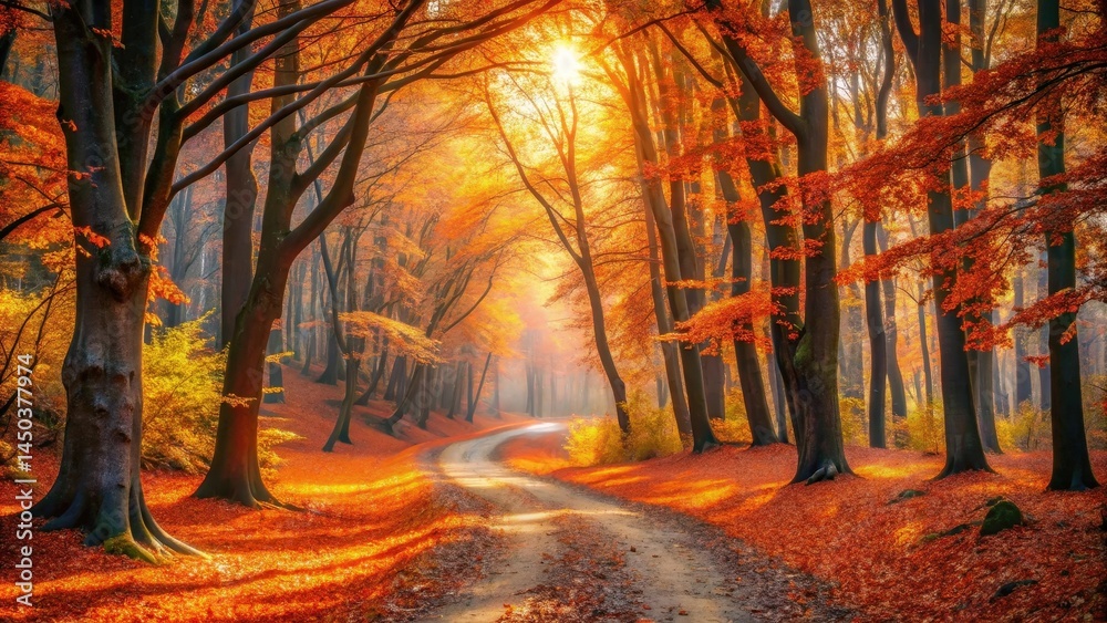 Aufkleber a golden sun shines through the trees, casting a warm glow on a winding forest path, creating a beau