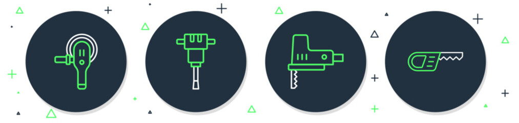Set line Construction jackhammer, Electric jigsaw, Angle grinder and Reciprocating icon. Vector