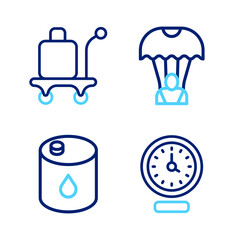 Obraz premium Set line Clock, Barrel oil, Parachute and Trolley baggage icon. Vector