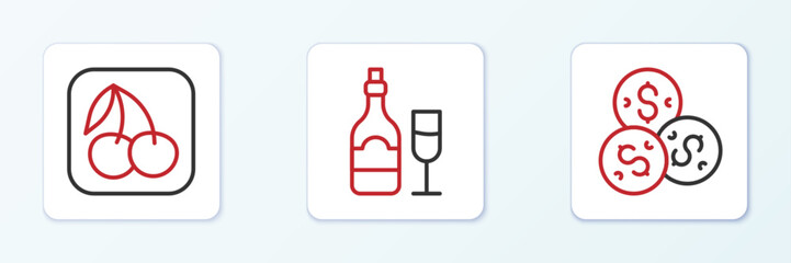 Set line Casino chip with dollar, Slot machine cherry and Champagne bottle glass icon. Vector