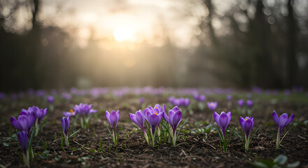 Obraz premium Delicate Violet Crocuses Blooming In The Woodland Under Soft Sunlight