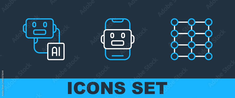 Poster set line neural network, artificial intelligence robot and chat icon. vector