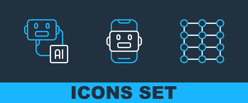 Set line Neural network, Artificial intelligence robot and Chat icon. Vector