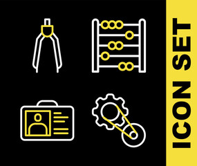 Set line Abacus, Timing belt kit, Identification badge and Drawing compass icon. Vector