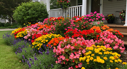 Obraz premium Vibrant Blooming Garden with Colorful Flowers In Front of House