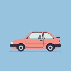 Minimalist flat design illustration of an orange car featuring trees, nature, and outdoor elements under a bright sun with birds flying in the background.


