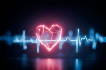 Neon pink heart with electrocardiogram line on a dark blue background symbolizing heartbeat