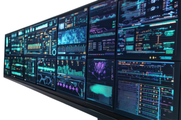 A large supercomputer with AI algorithms being processed on multiple screens. isolated on white background