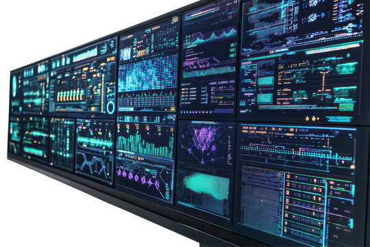 A large supercomputer with AI algorithms being processed on multiple screens. isolated on white background